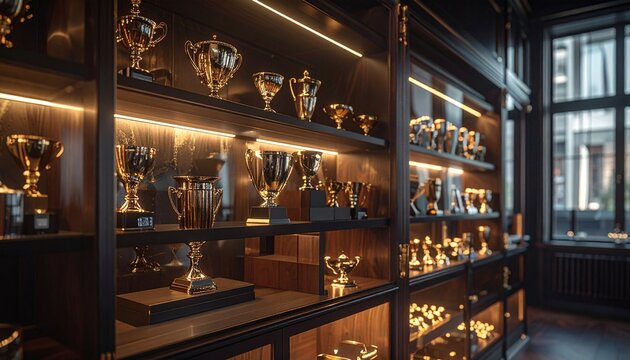 Elegant Trophy Display Case with Golden Cups under Warm Lighting in Luxurious Interior