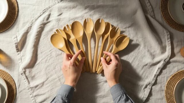 Wooden spoons and forks arranged overhead on linen cloth