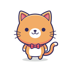 Obraz premium Cute cartoon cat with bow tie standing happily on white background
