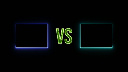 Fototapeta premium Two glowing rectangles with magenta and cyan outlines facing each other with a turquoise versus text in the middle on a Generate title without using the word 