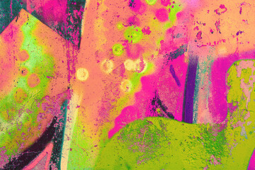 Obraz premium Abstract paint texture with neon pink, green, orange colors. Acid 90s style with fluorescent, trippy vibe. Background, pattern, digital art, creative banner, summer visuals.