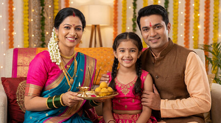 Happy Indian Family Celebrating Festival with Puja Thali