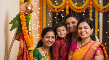 Happy Indian Family Celebrating Gudi Padwa Festival at Home
