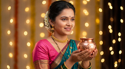 Indian Woman Celebrating Festival with Kalash and Traditional Attire