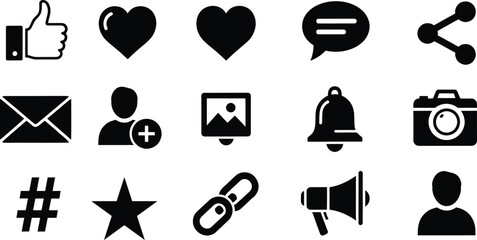 Minimalist black glyphs representing common social media actions and user interface elements