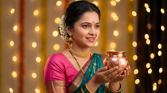 Indian Woman Celebrating Festival with Kalash and Traditional Attire