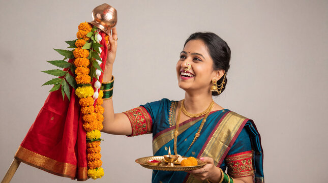 Joyful Marathi Woman Celebrating Gudi Padwa Festival with Traditional Puja