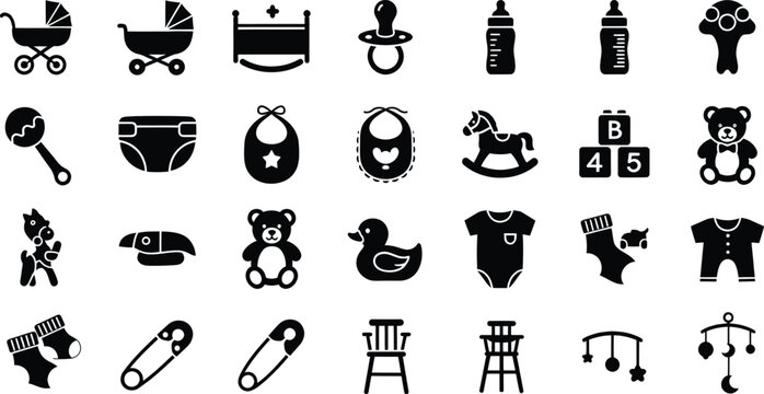 Black silhouette icons set depicting essential baby care items, nursery objects, and various children's toys.