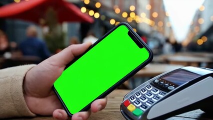 A close-up view of a hand holding a smartphone with a blank screen, positioned next to a payment terminal in a lively outdoor dining setting, perfect for digital transactions. - Powered by Adobe