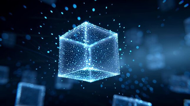 Glowing blue cube with particles and other cubes in the background floating in space.