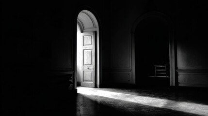 Open doorway with light streaming into dark room