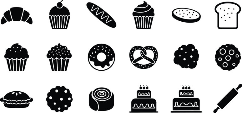 A comprehensive collection of black flat icons representing various bakery products and desserts