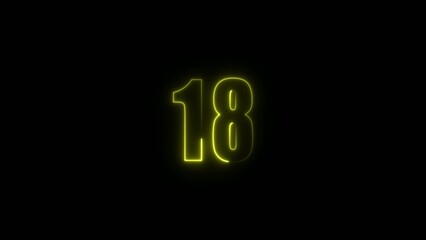 Yellow neon glowing number eighteen with bright light effect on a dark Generate title without using the word "Title:" before it. background and modern typography
