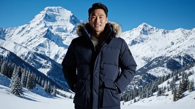 Smiling man in fur-trim navy parka in front of snow-capped mountains and pines