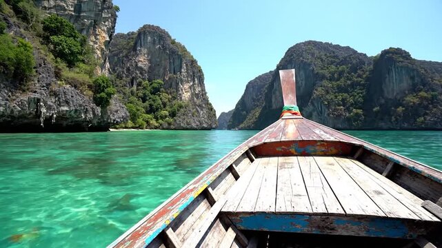 Traditional boat sailing through vivid turquoise waters past majestic tropical cliffs
