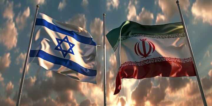 Israeli and iranian flags waving together in cloudy sky