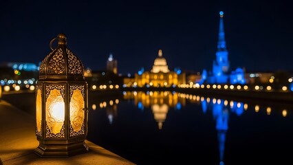 Fototapeta premium Illuminated nighttime view of a cathedral with a traditional lantern in the foreground