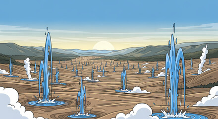Obraz premium Geysers Erupting in Desert Landscape.