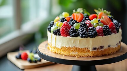 Delicious Homemade Fruit Cake Topped with Fresh Berries and Seasonal Fruits
