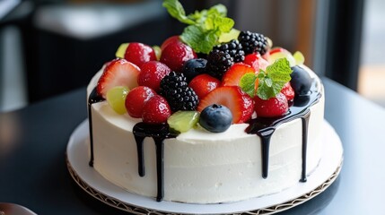 Delicious Homemade Fruit Cake Topped with Fresh Berries and Seasonal Fruits