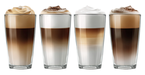 Layered Coffee Drinks with Whipped Cream Toppings in Clear Glasses Isolated on Transparent Background