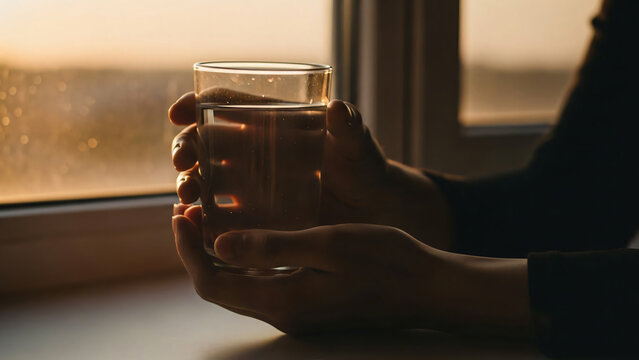 Warm Sunset Moment: Hands Holding Glass Of Water By Window In Quiet Home Setting