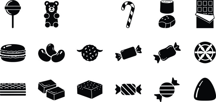 A comprehensive set of black silhouette icons representing various popular candies and sweet treats