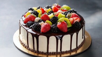 Delicious Homemade Fruit Cake Topped with Fresh Berries and Seasonal Fruits