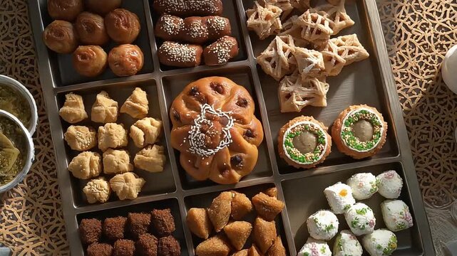Assorted traditional Middle Eastern pastries in a decorative tray