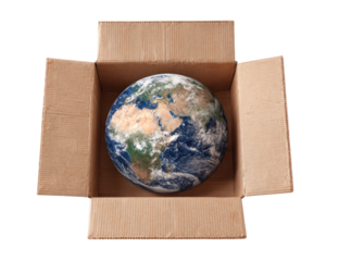 Planet Earth Carefully Placed Inside Cardboard Box with Open Flaps Isolated on Transparent Background
