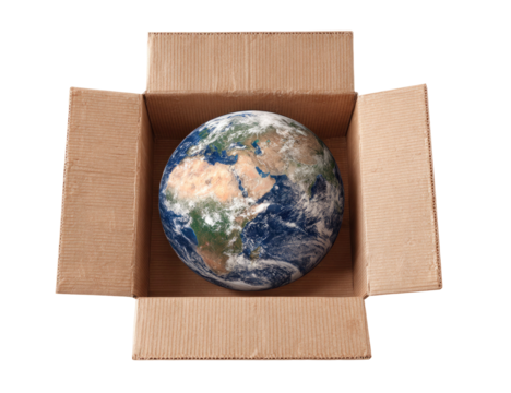 Planet Earth Carefully Placed Inside Cardboard Box with Open Flaps Isolated on Transparent Background - Powered by Adobe