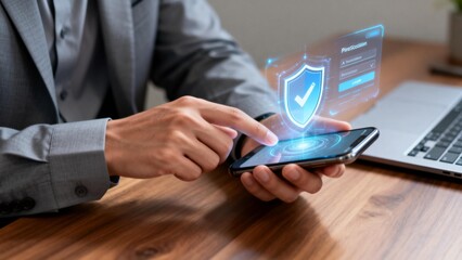 Person using smartphone with digital security shield