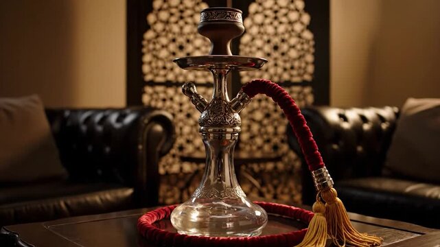 A hookah sits on a table, red hose with gold tassels, and intricate background detail