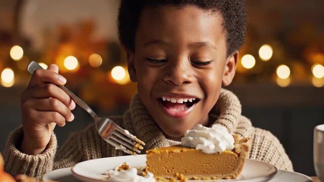 A young boy enthusiastically enjoys a delicious slice of pumpkin pie with whipped cream during a warm, festive autumn celebration.