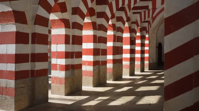 Andalusian Horseshoe Archway. Islamic Culture &ndash; Building and Architecture. Highly detailed view of a series of interlocking red and white striped horseshoe arches within a vast Andalusian Mezquita.
