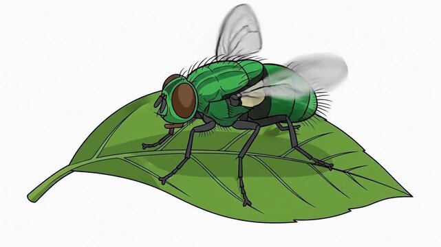 Vibrant green fly perched on a broad leaf in a stylized illustration.