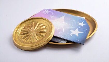 Golden Coin and Starry Cards on Wooden Plate.