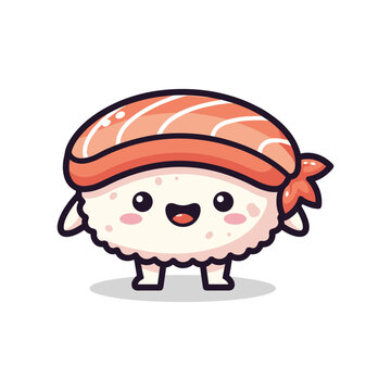 Cute cartoon sushi character with salmon topping and happy expression