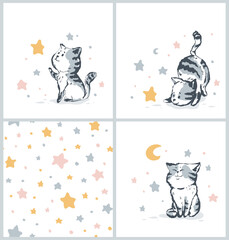 Adorable minimalist cat illustrations with stars