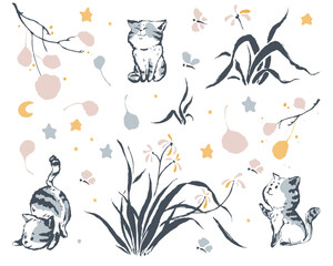 Adorable handdrawn cat elements with stars