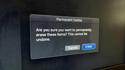Digital Deletion: A close-up of a computer screen displays a Permanent Delete prompt, asking for confirmation before irrevocably erasing data.