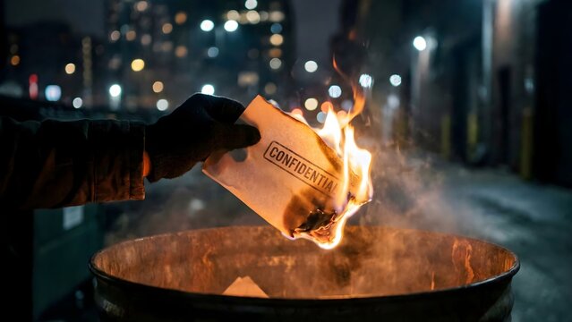 Burning Secrets: An anonymous hand casts a confidential document into a fiery inferno, the flames consuming its hidden contents, reflecting themes of destruction and revelation.