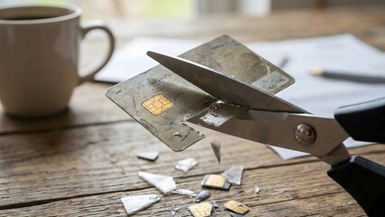 Credit Card Destruction: A dramatic depiction of financial control, showcasing a credit card being severed by scissors, signifying the act of ending debt or reclaiming financial autonomy. 