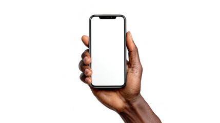 African american man holding a modern smartphone with a blank white screen