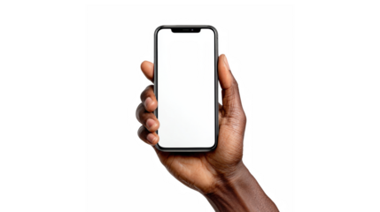 African american man holding a modern smartphone with a blank white screen