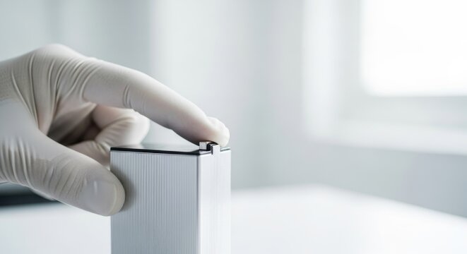 Gloved hand pressing button on high-tech metal device in laboratory - Powered by Adobe