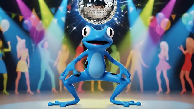 Funny Cartoon Frog Dancing at Party with Colorful Disco Lights