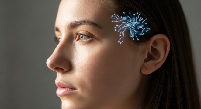 Woman profile with digital neural circuit representing AI interface - Powered by Adobe