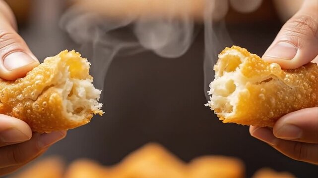 Close up of hands breaking a golden fried food item showing texture and steam