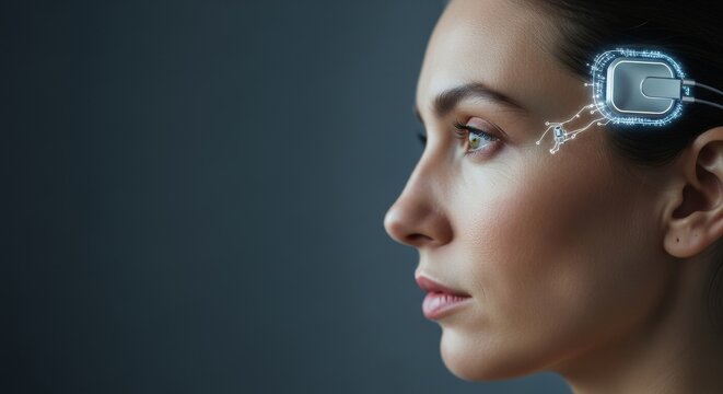 Woman with futuristic brain implant neural link interface - Powered by Adobe